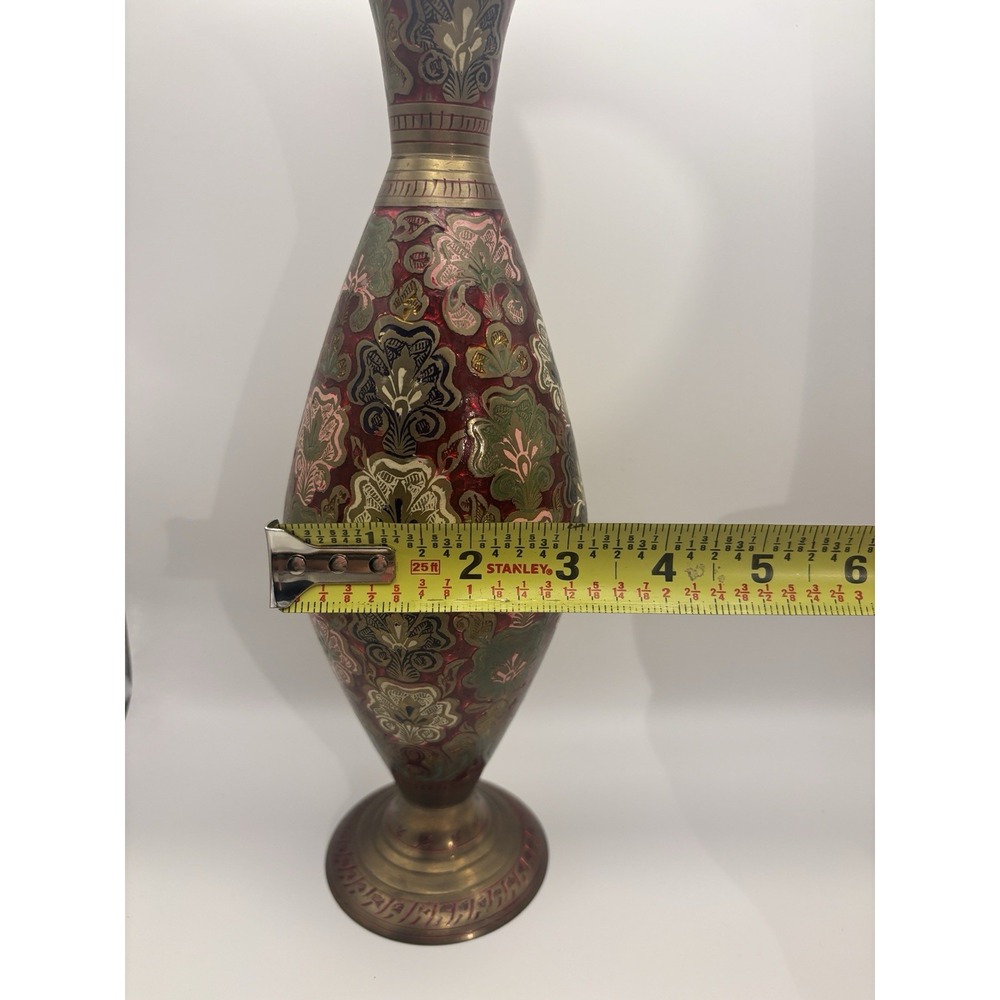 Vintage Indian Brass Vase Ornate Enameled Etched Floral Boho Red Green Gold - Picture 8 of 8